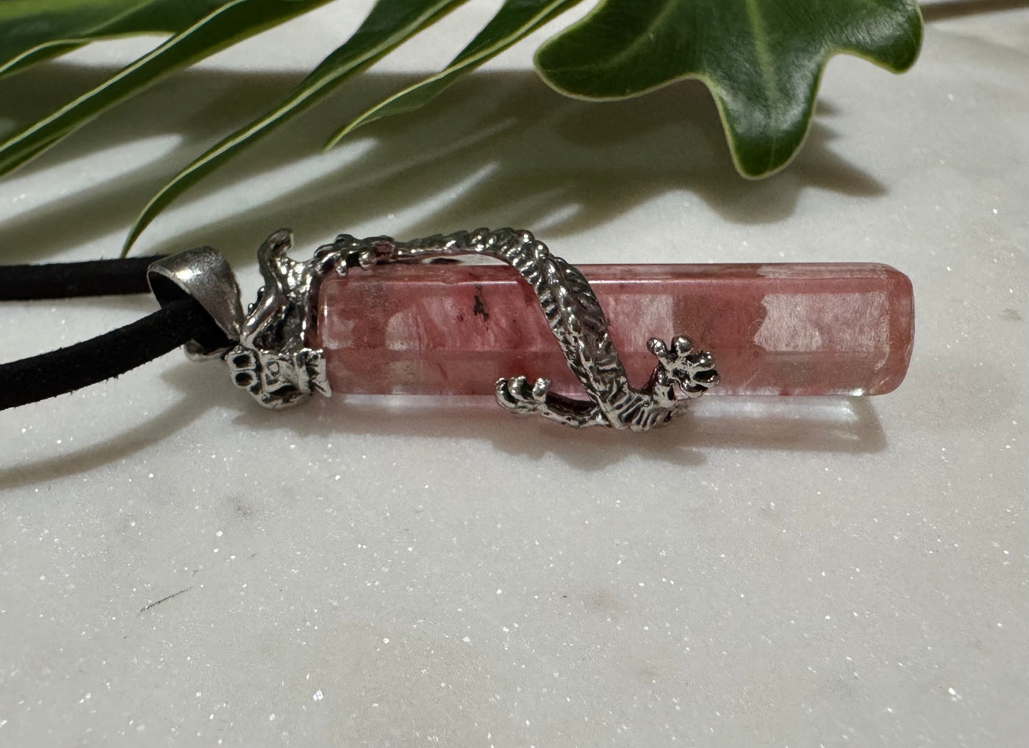 Strawberry Quartz Dragon-Wrap Drop Pendant Necklace