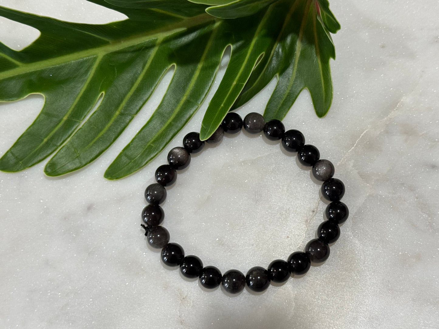 Silver Obsidian Crystal Bead Bracelet