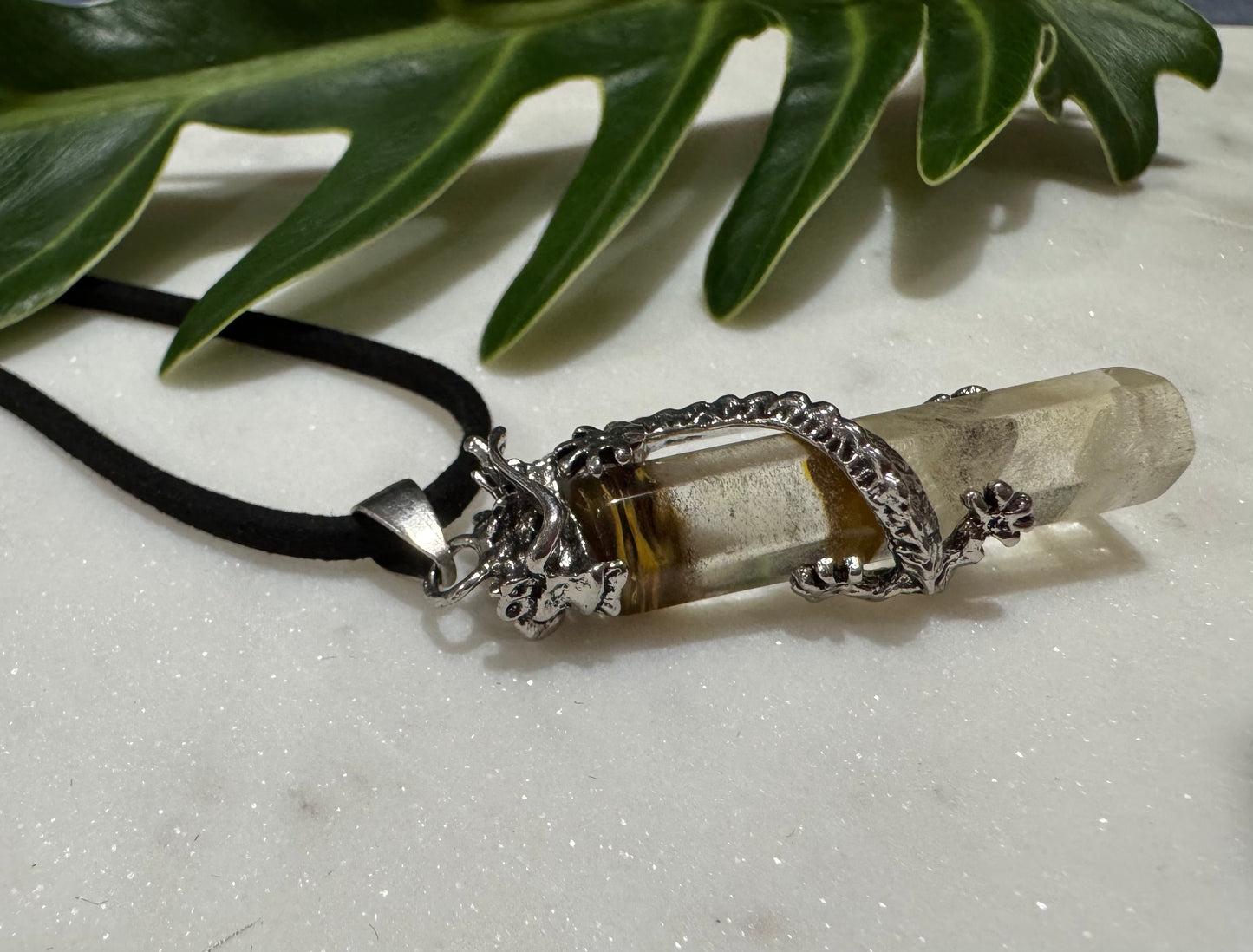 Quartz Dragon-Wrap Drop Pendant Necklace