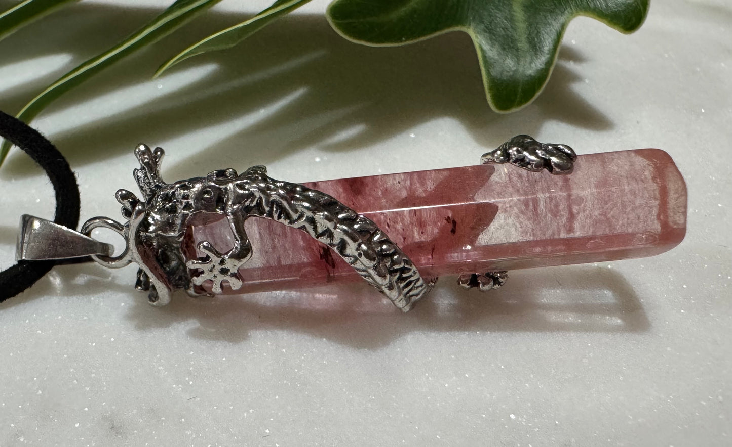 Strawberry Quartz Dragon-Wrap Drop Pendant Necklace