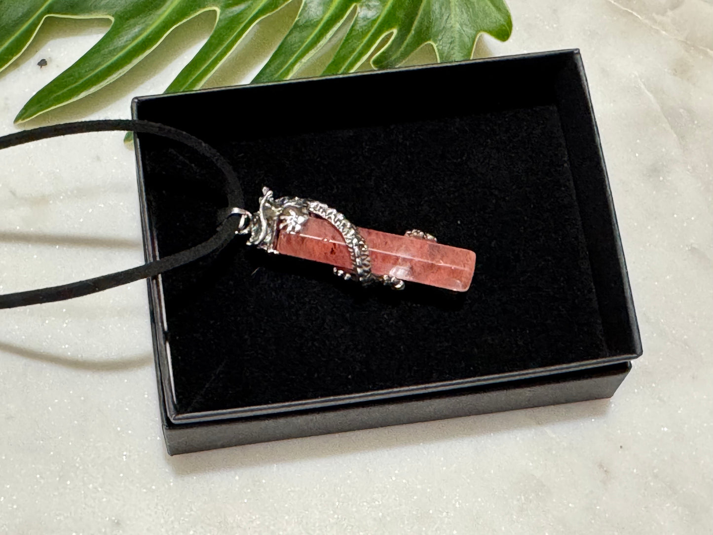 Strawberry Quartz Dragon-Wrap Drop Pendant Necklace