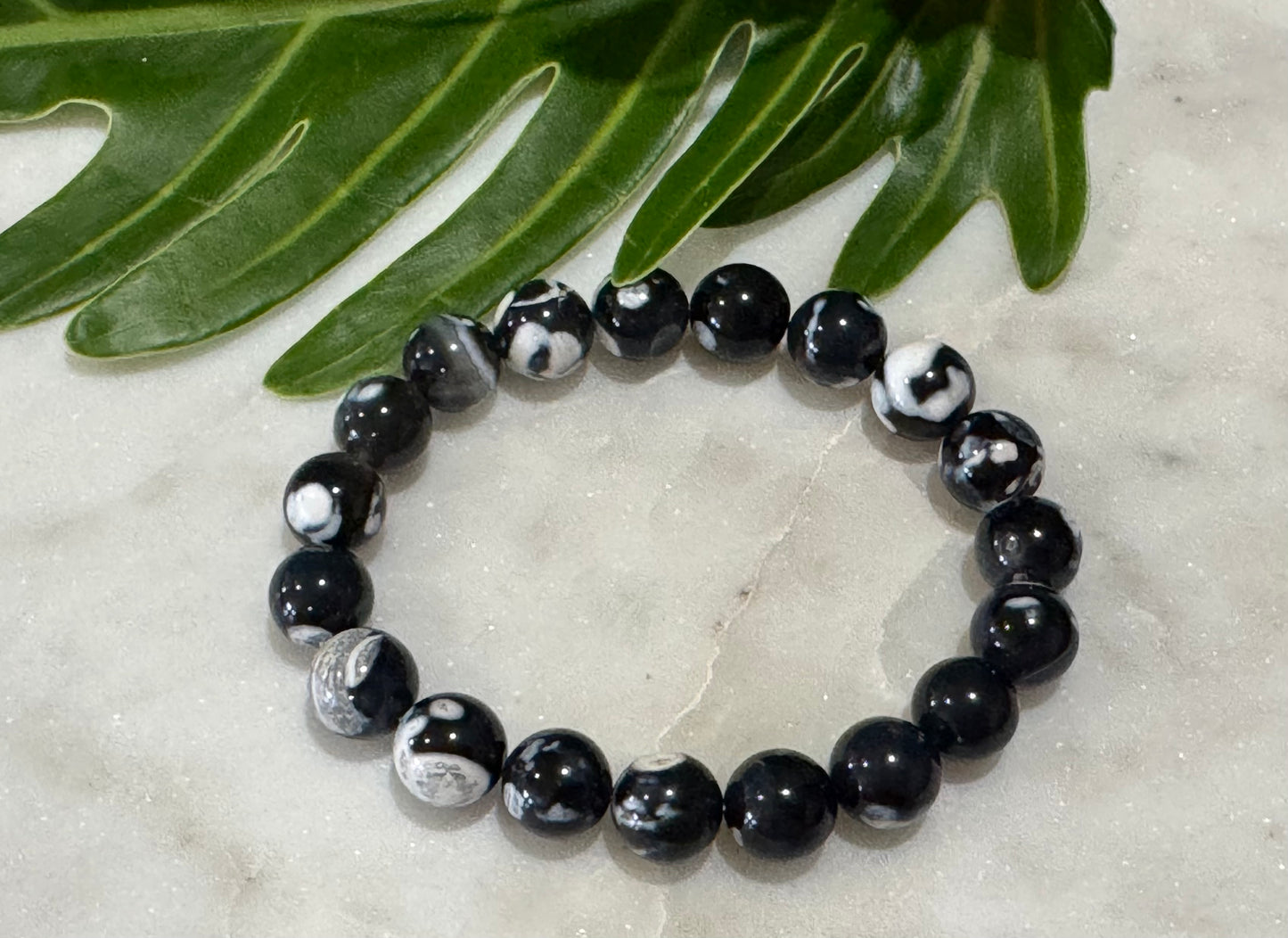 Black and White Fire Agate Crystal Bead Bracelet