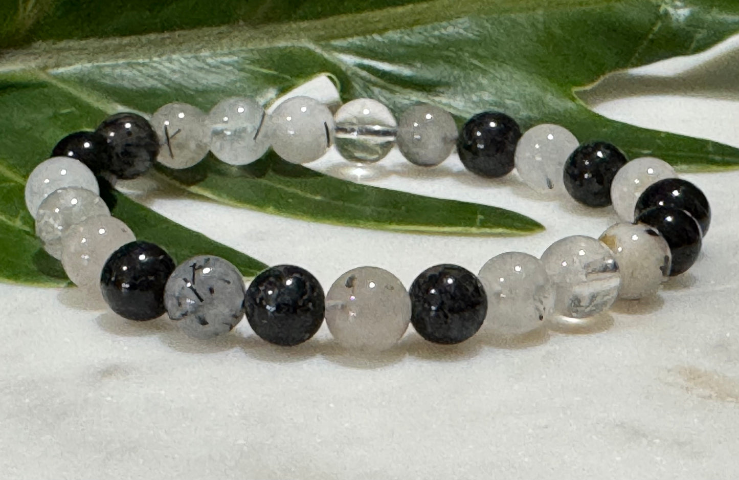 Clear Quartz with Tourmaline Crystal Bead Bracelet