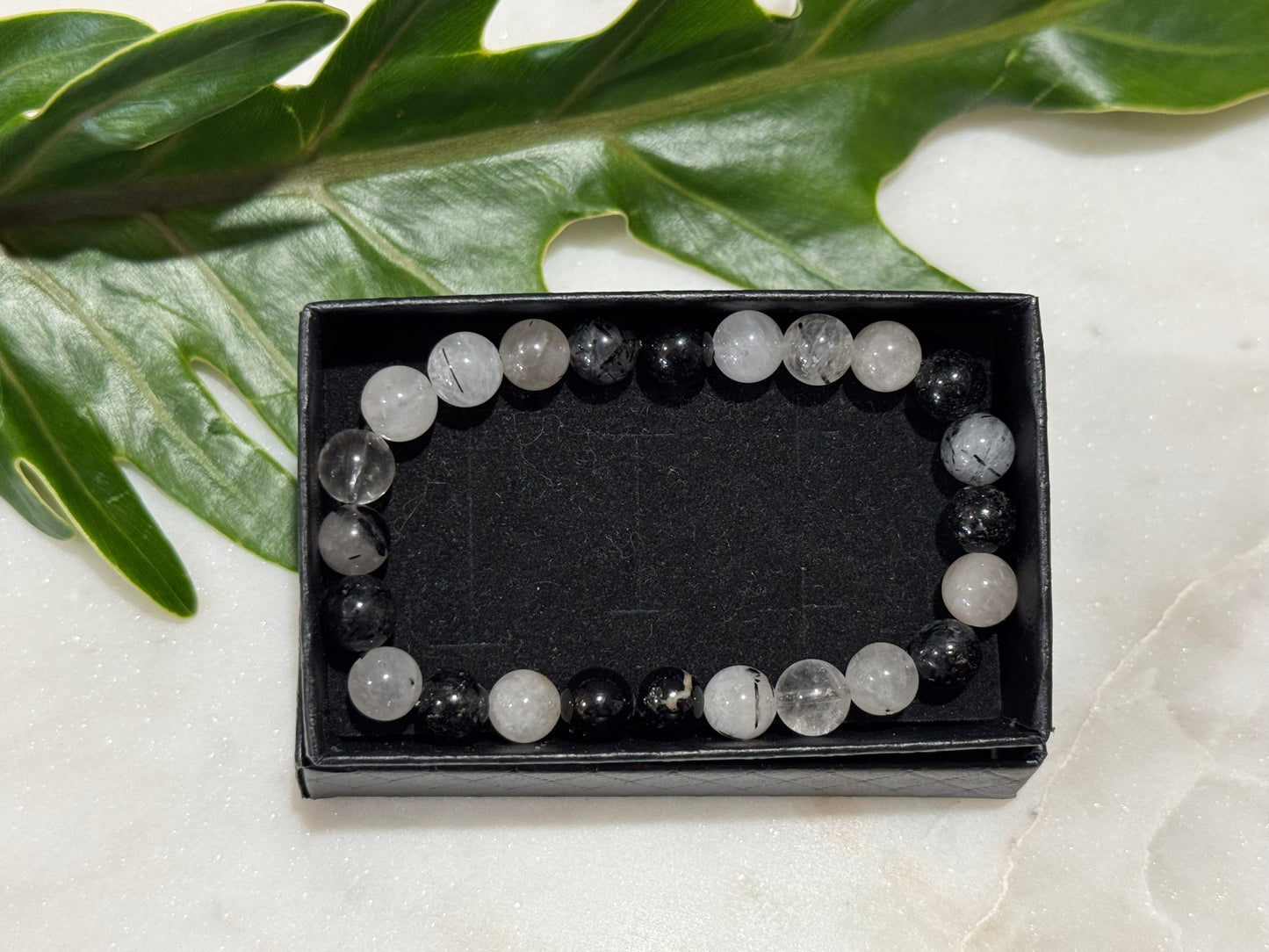 Clear Quartz with Tourmaline Crystal Bead Bracelet