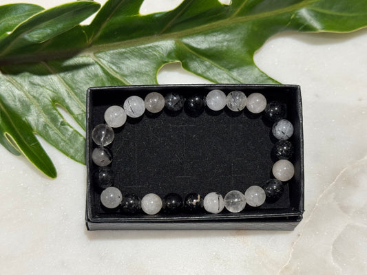 Clear Quartz with Tourmaline Crystal Bead Bracelet