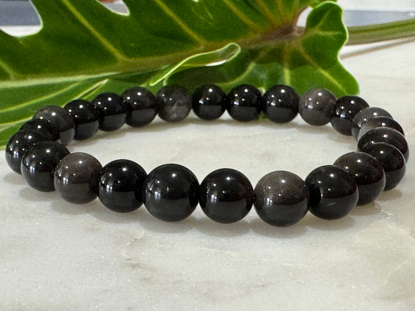 Silver Obsidian Crystal Bead Bracelet