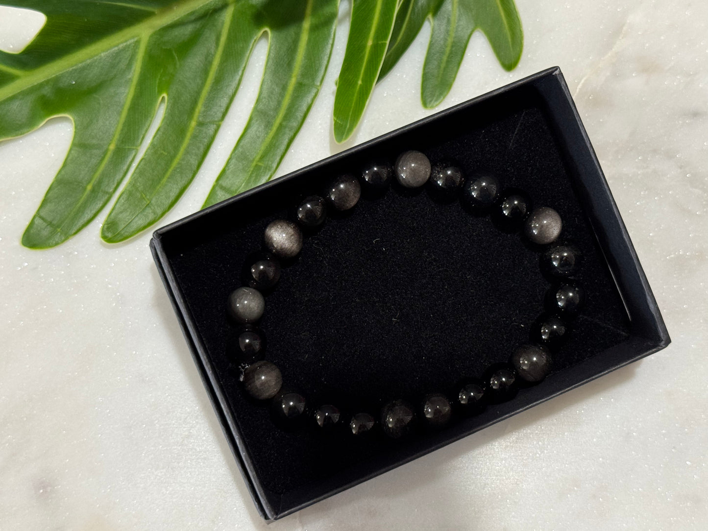 Silver Obsidian Crystal Bead Bracelet