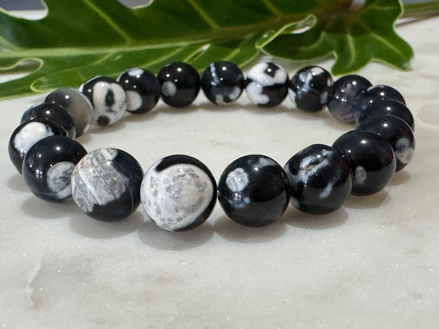 Black and White Fire Agate Crystal Bead Bracelet