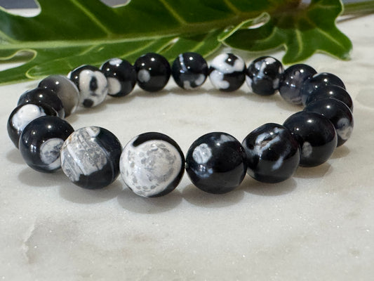 Black and White Fire Agate Crystal Bead Bracelet