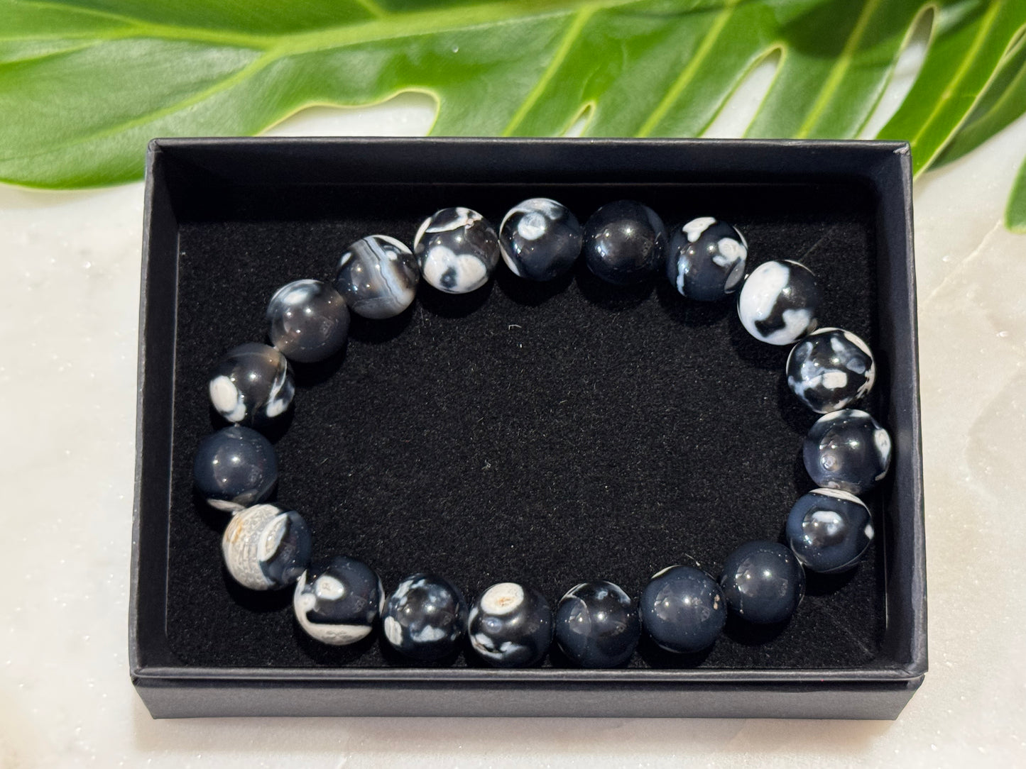 Black and White Fire Agate Crystal Bead Bracelet