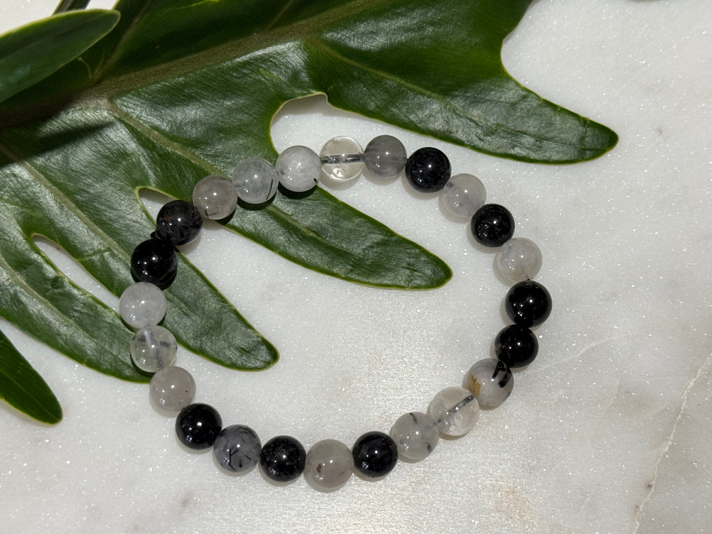 Clear Quartz with Tourmaline Crystal Bead Bracelet